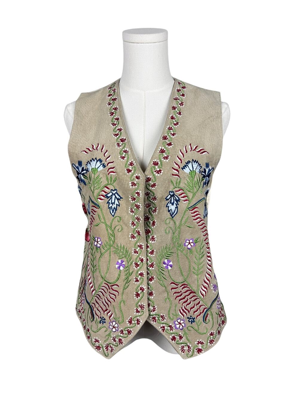 Vintage Cedars 80s Boho Tan Suede Multi Colored Embroidered Open Front Vest M